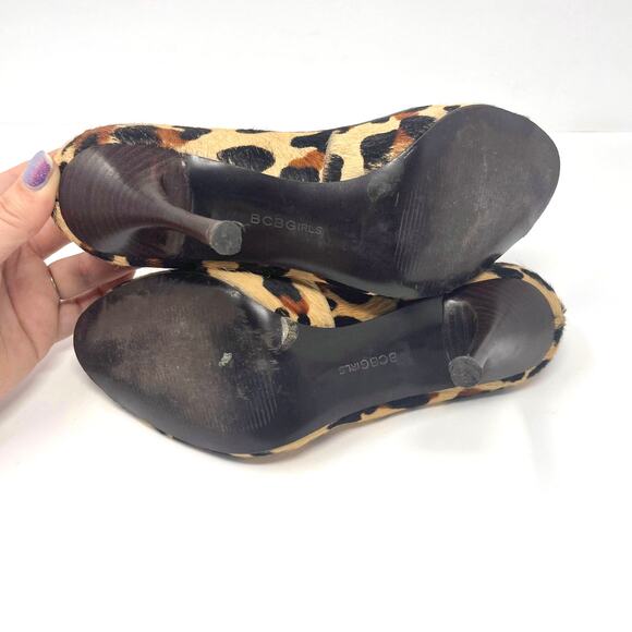 00s BCBGIRLS Vintage Brown Black Leopard Print Peep Toe Pumps - Picture 6 of 11